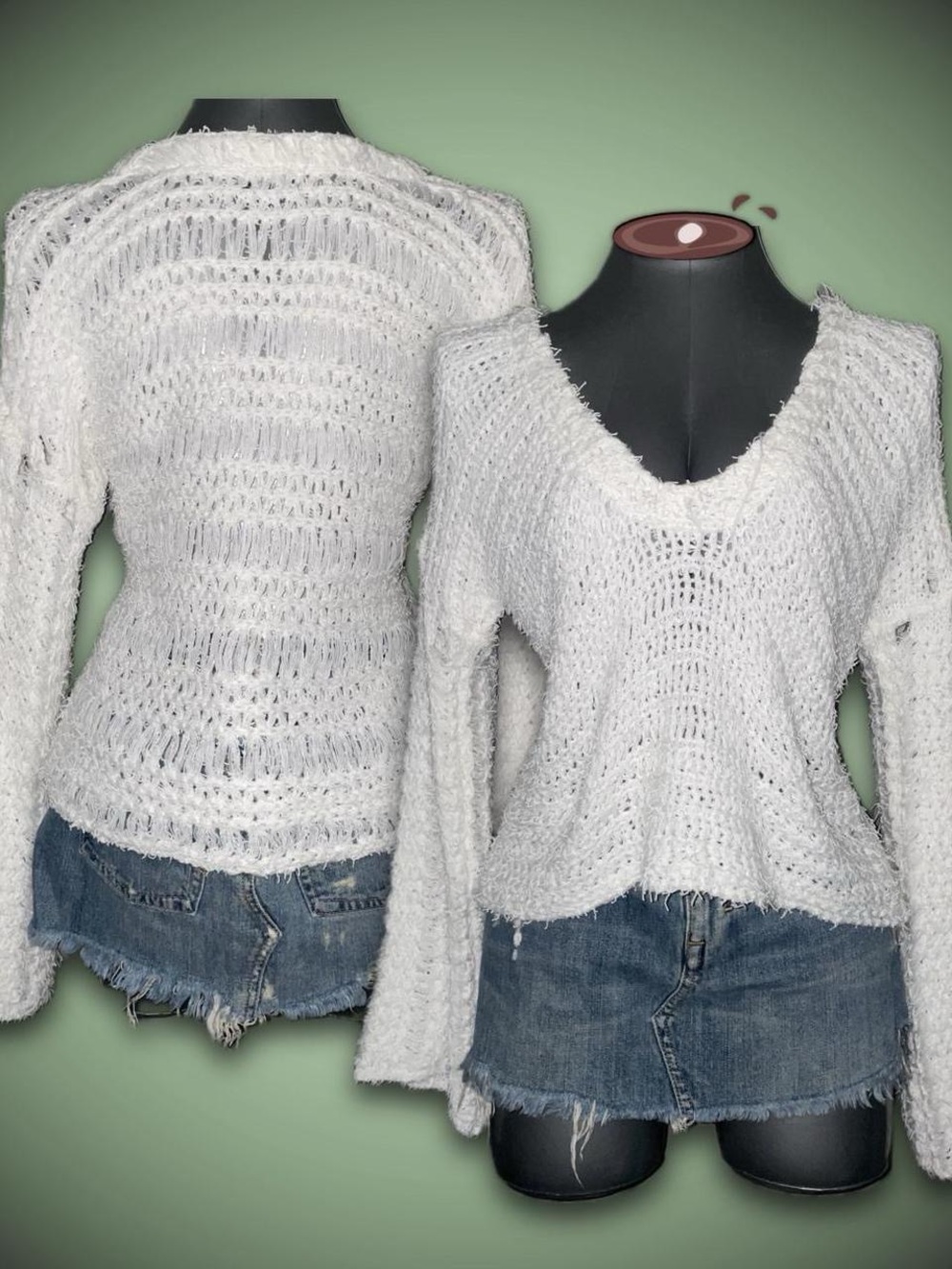 Distressed White Open-Knit V-Neck Sweater